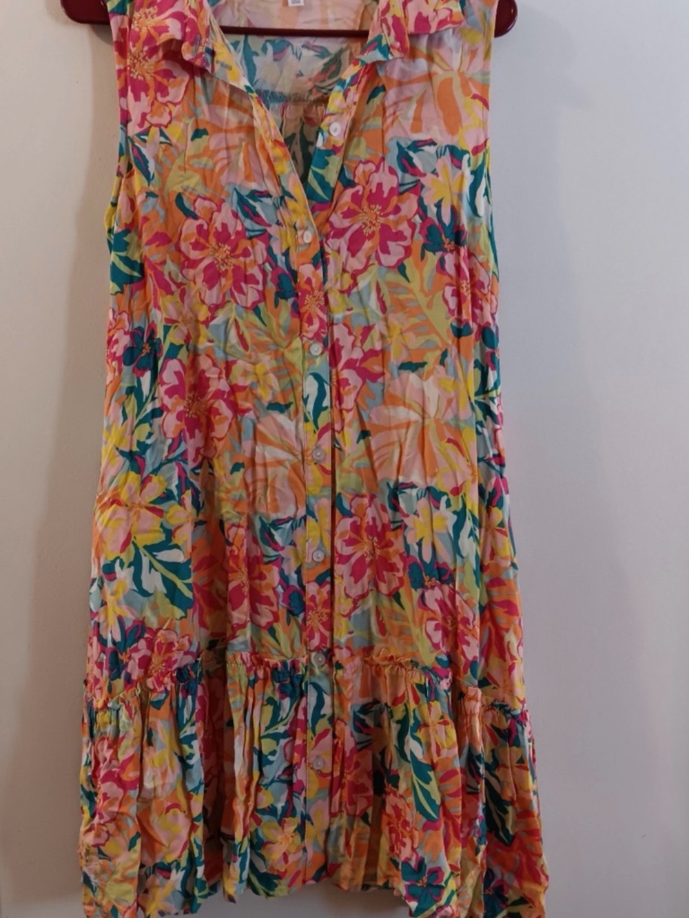 Time and Tru Floral Button-Front Mini Dress in Pink, Yellow & Teal